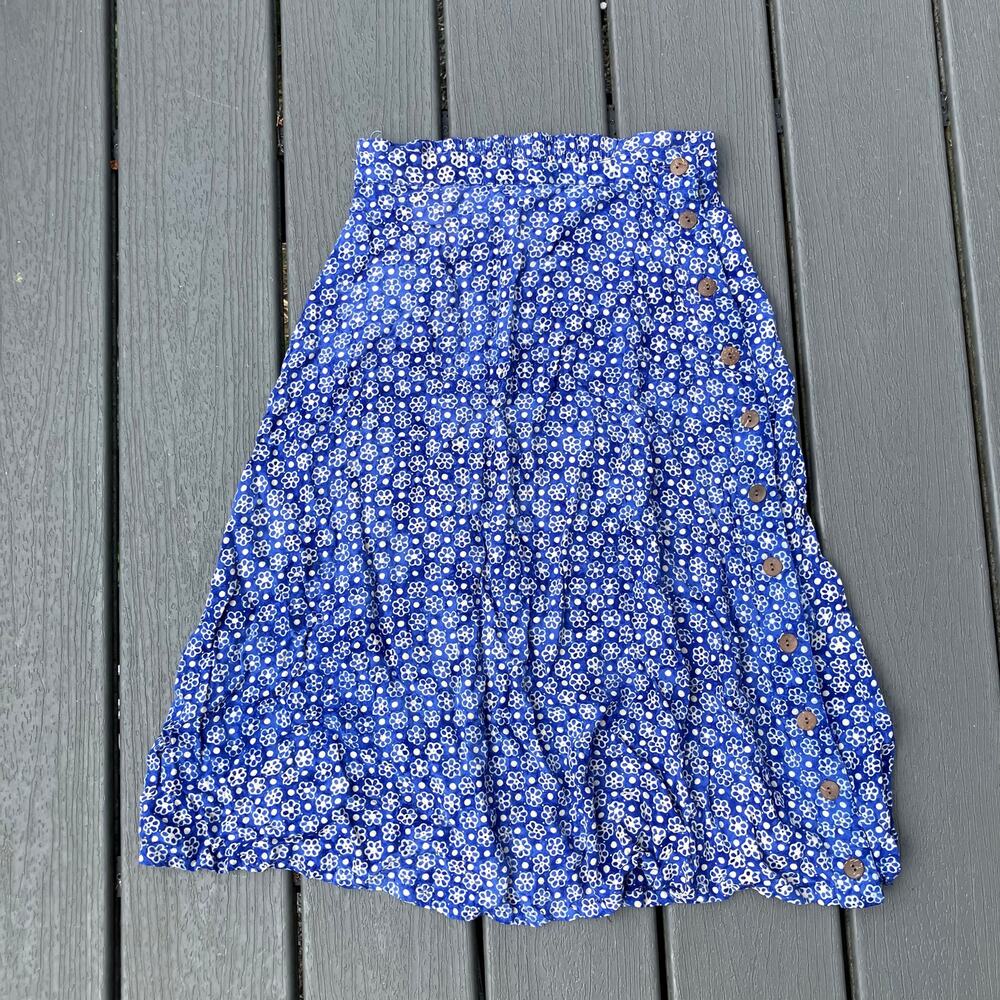 Blue floral polka dot knee length rayon skirt with side buttons, cottagecore